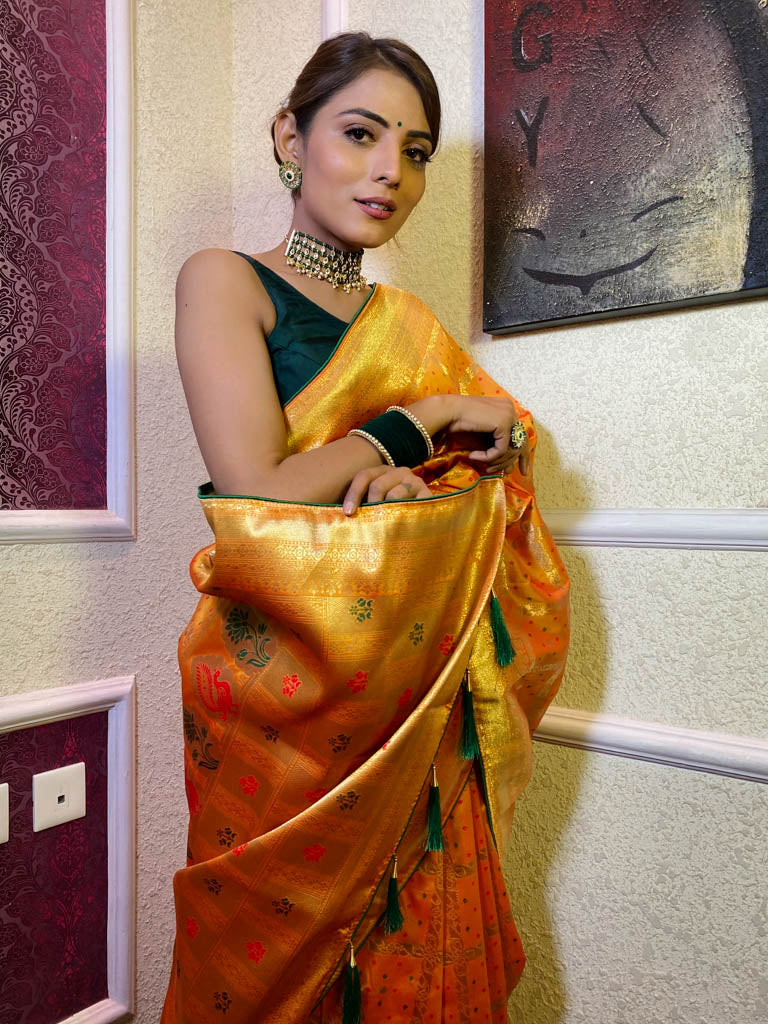 Mustard Yellow Banarasi Silk Ghatchola Saree