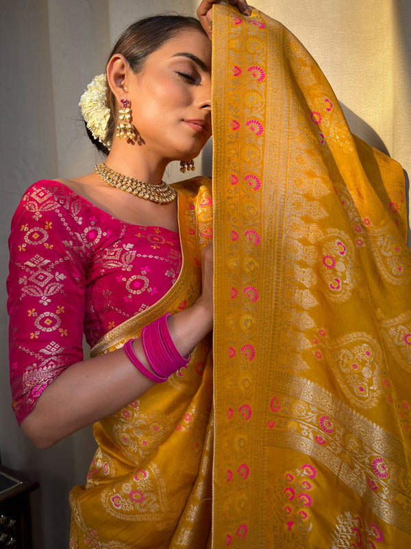 Mustard Yellow Meenakari Banarasi Uppada Silk Saree