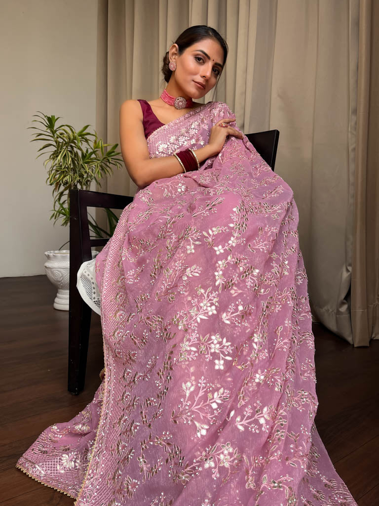 Onion Pink Gota Embroidery French Georgette Saree