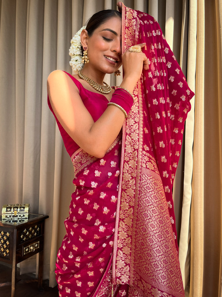 Queen Pink Banarasi Khaddi Weaved Georgette Saree
