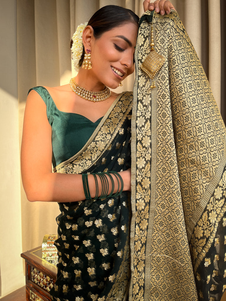 Bottle Green Banarasi Khaddi Weaved Georgette Saree