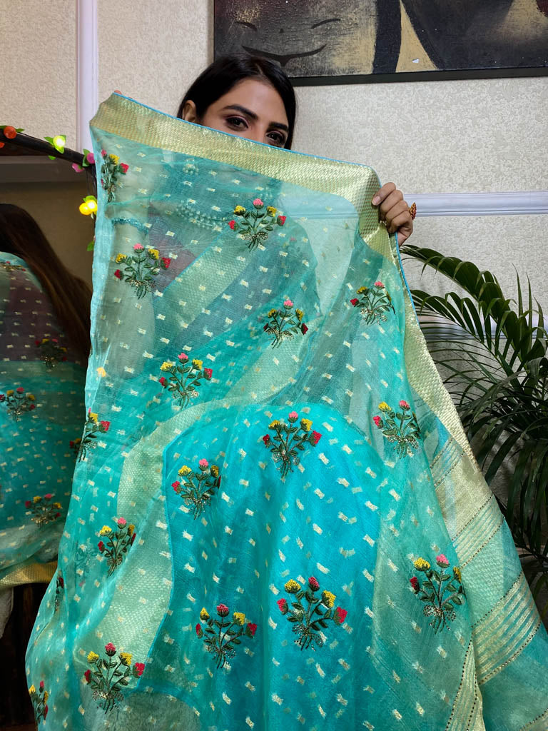 Sapphire Blue Organza Silk Saree