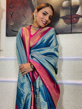 Azure Blue Kanjeevaram Silk Banarasi Handloom Saree