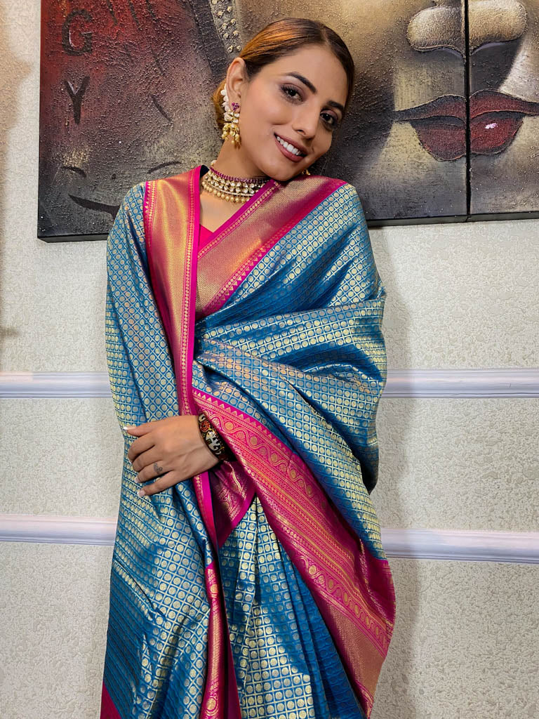 Azure Blue Kanjeevaram Silk Banarasi Handloom Saree