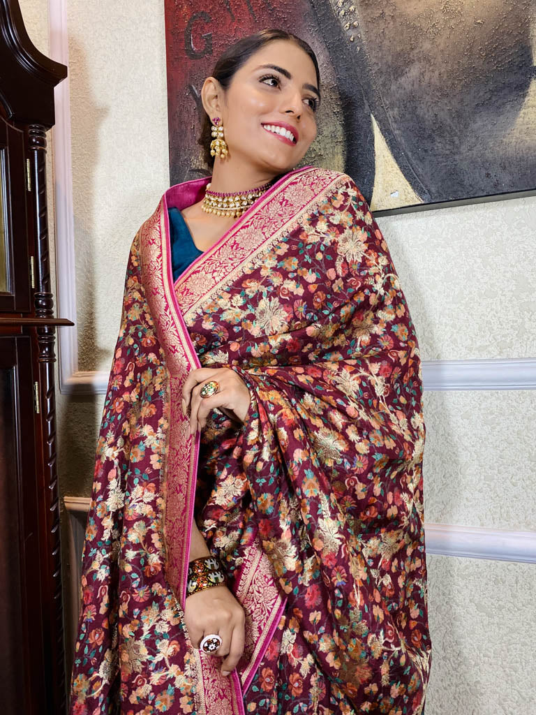 Sangria Red Designer Banarasi Silk Saree