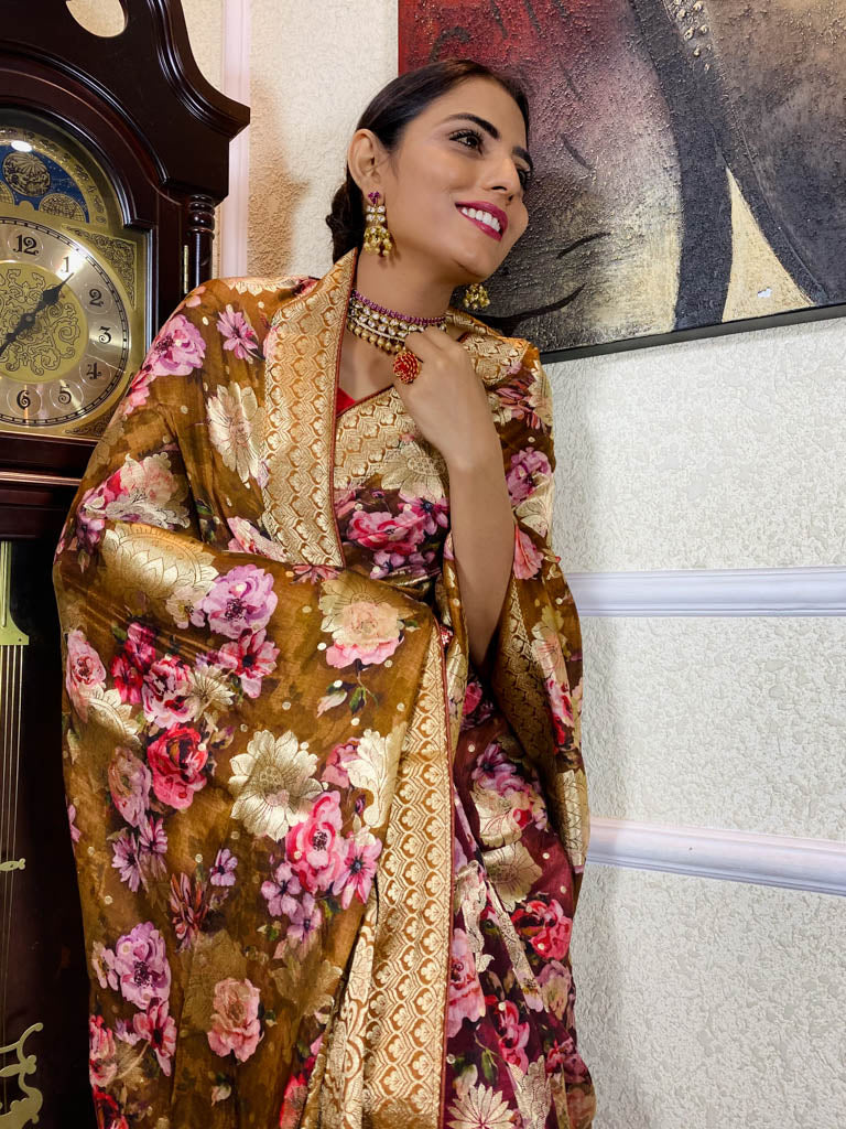 Caramel Brown Designer Banarasi Silk Saree