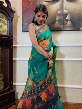 Ocean Green Linen Sequined Saree