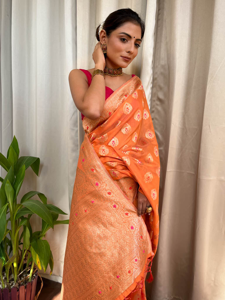 Carrot Orange Meenakari Cotton Silk Saree