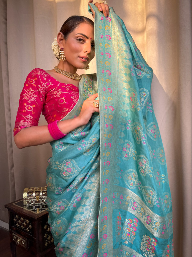 Turquoise Green Meenakari Banarasi Uppada Silk Saree