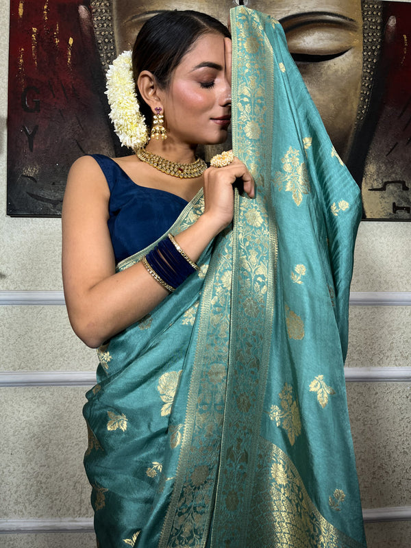 Turquoise Green Banarasi Uppada Silk Saree