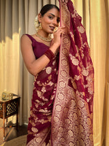 Sangria Wine Banarasi Khaddi Weaved Georgette Saree