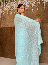 Arctic Blue Chikankari Sequined Georgette Saree
