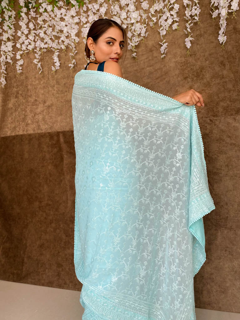 Arctic Blue Chikankari Sequined Georgette Saree