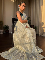 Buttery White Organza Silk Saree with Scalloped Border