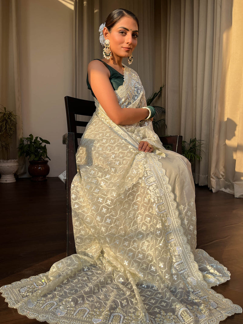 Buttery White Organza Silk Saree with Scalloped Border