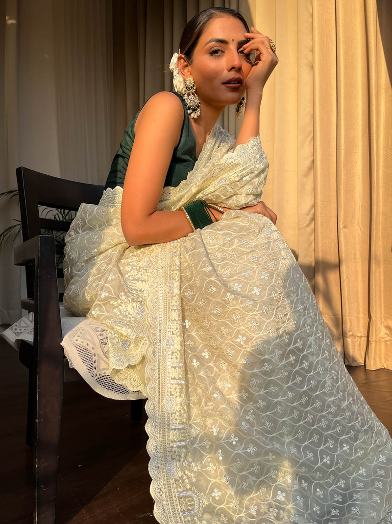Buttery White Organza Silk Saree with Scalloped Border