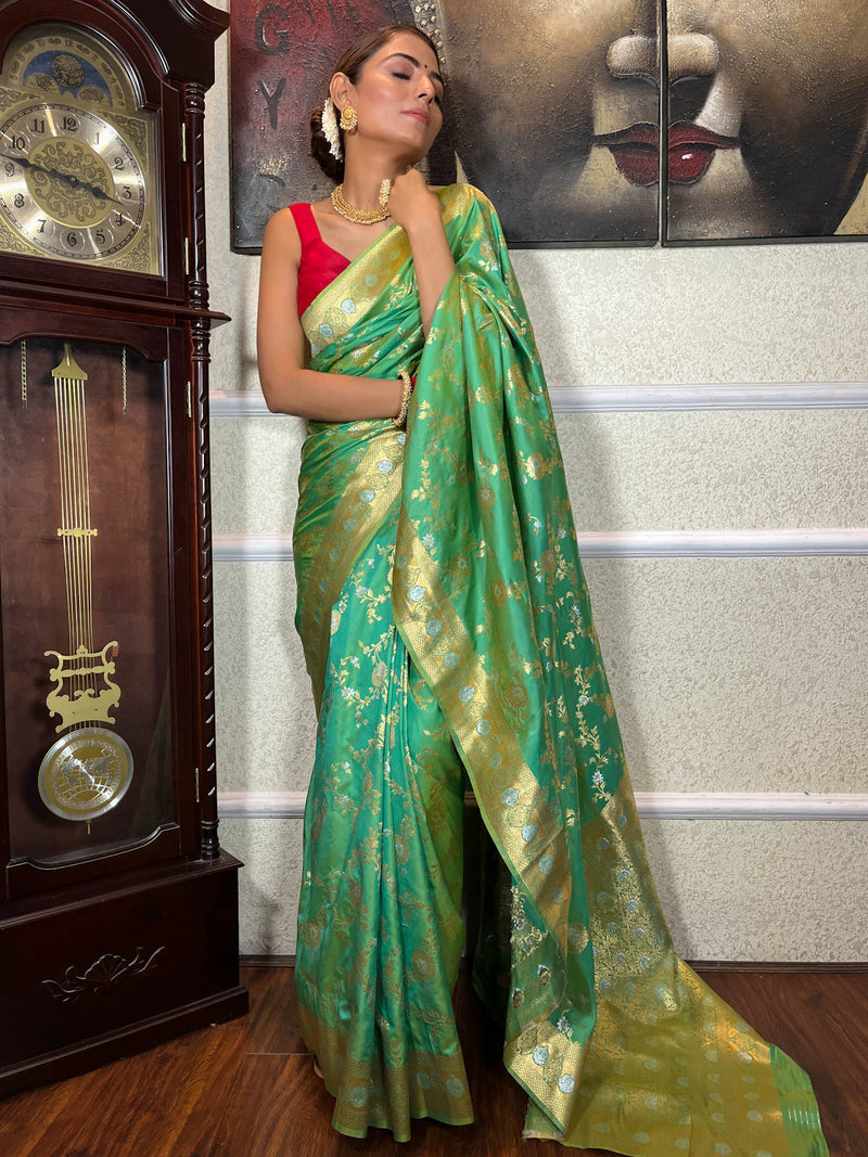 Parrot Green Banarasi Silk Saree