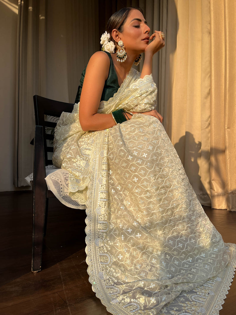Buttery White Organza Silk Saree with Scalloped Border
