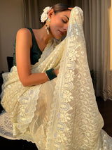 Buttery White Organza Silk Saree with Scalloped Border
