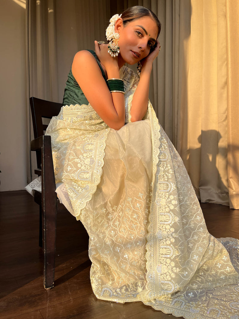 Buttery White Organza Silk Saree with Scalloped Border