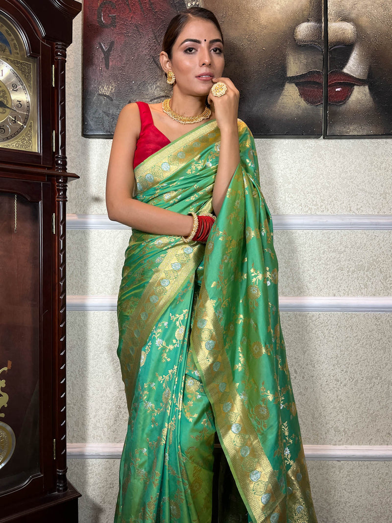 Parrot Green Banarasi Silk Saree