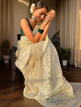 Buttery White Organza Silk Saree with Scalloped Border