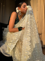 Buttery White Organza Silk Saree with Scalloped Border